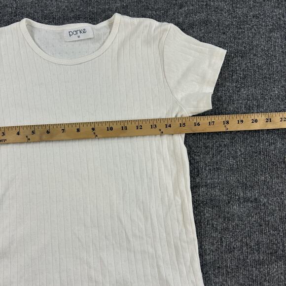 Parke Top Womens Medium Baby Tee White Ribbed Pointelle Knit Minimalist Comfy - Picture 8 of 10